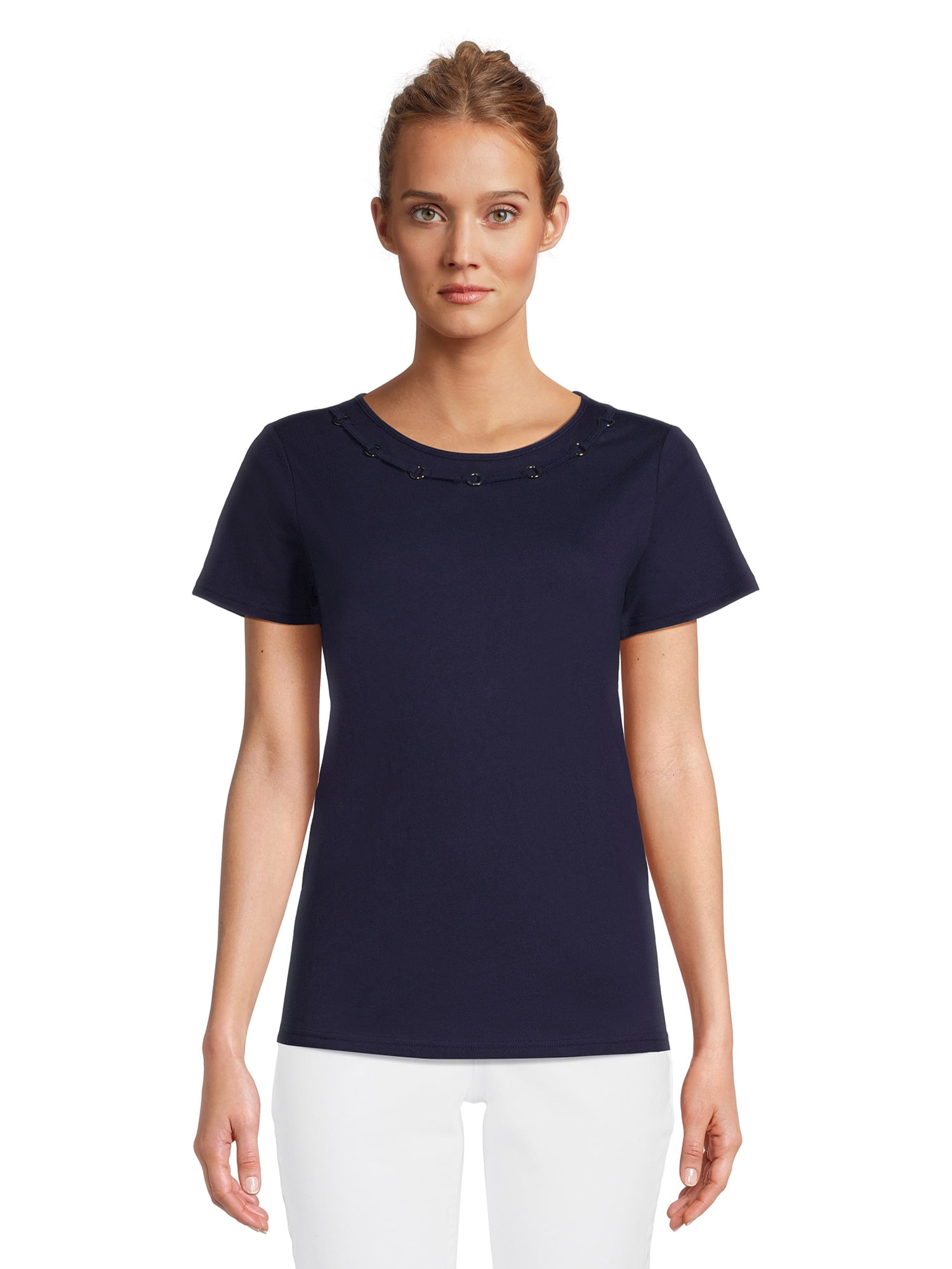 RealSize Women's Embellished Crewneck Tee with Short Sleeves, Sizes XS-3XL