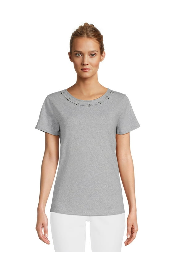 Women's Embellished Crewneck Tee with Short Sleeves, Sizes XS-3XL