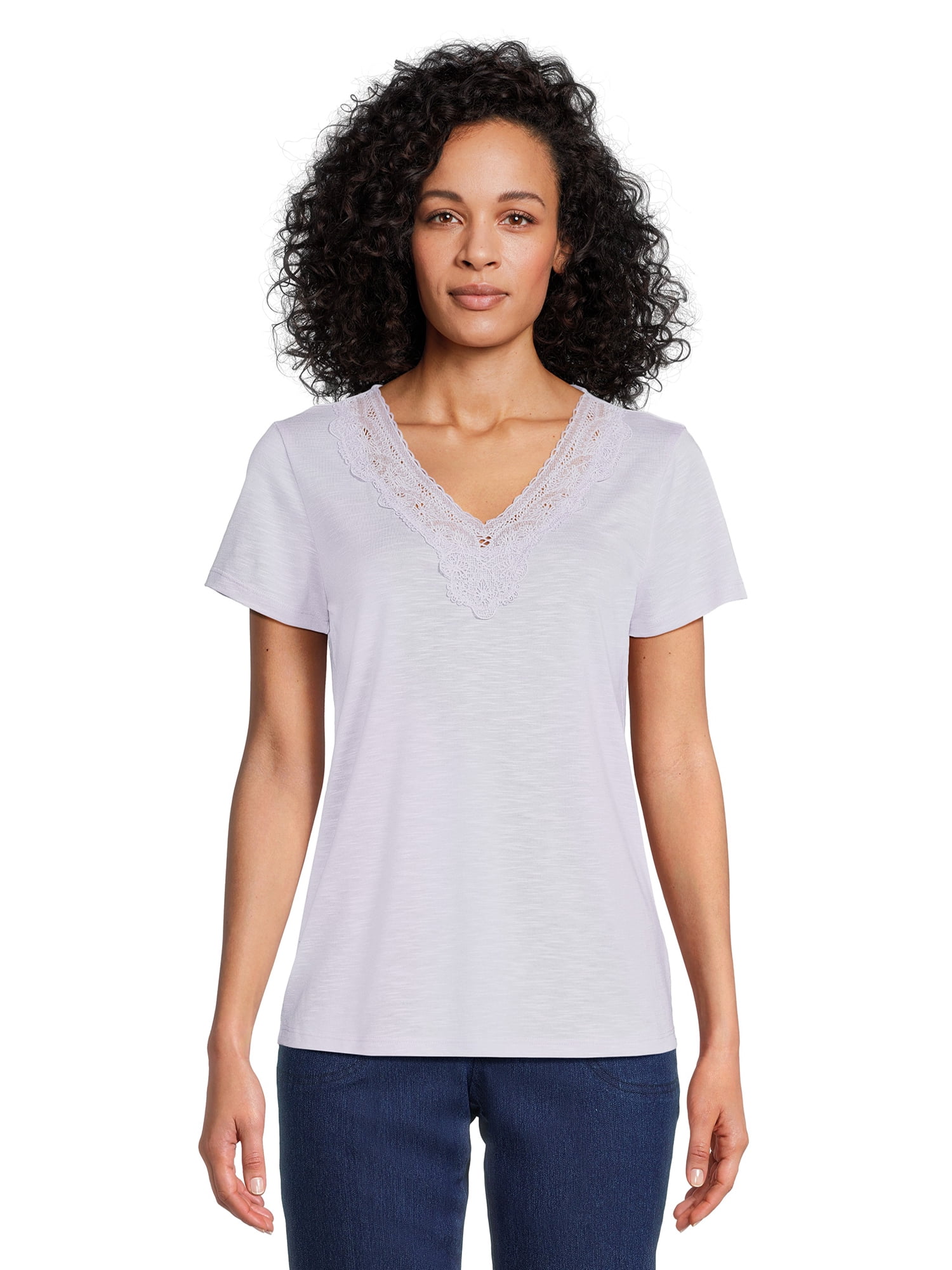RealSize Women's Lace V-Neck Tee with Short Sleeves, Sizes XS-XXXL