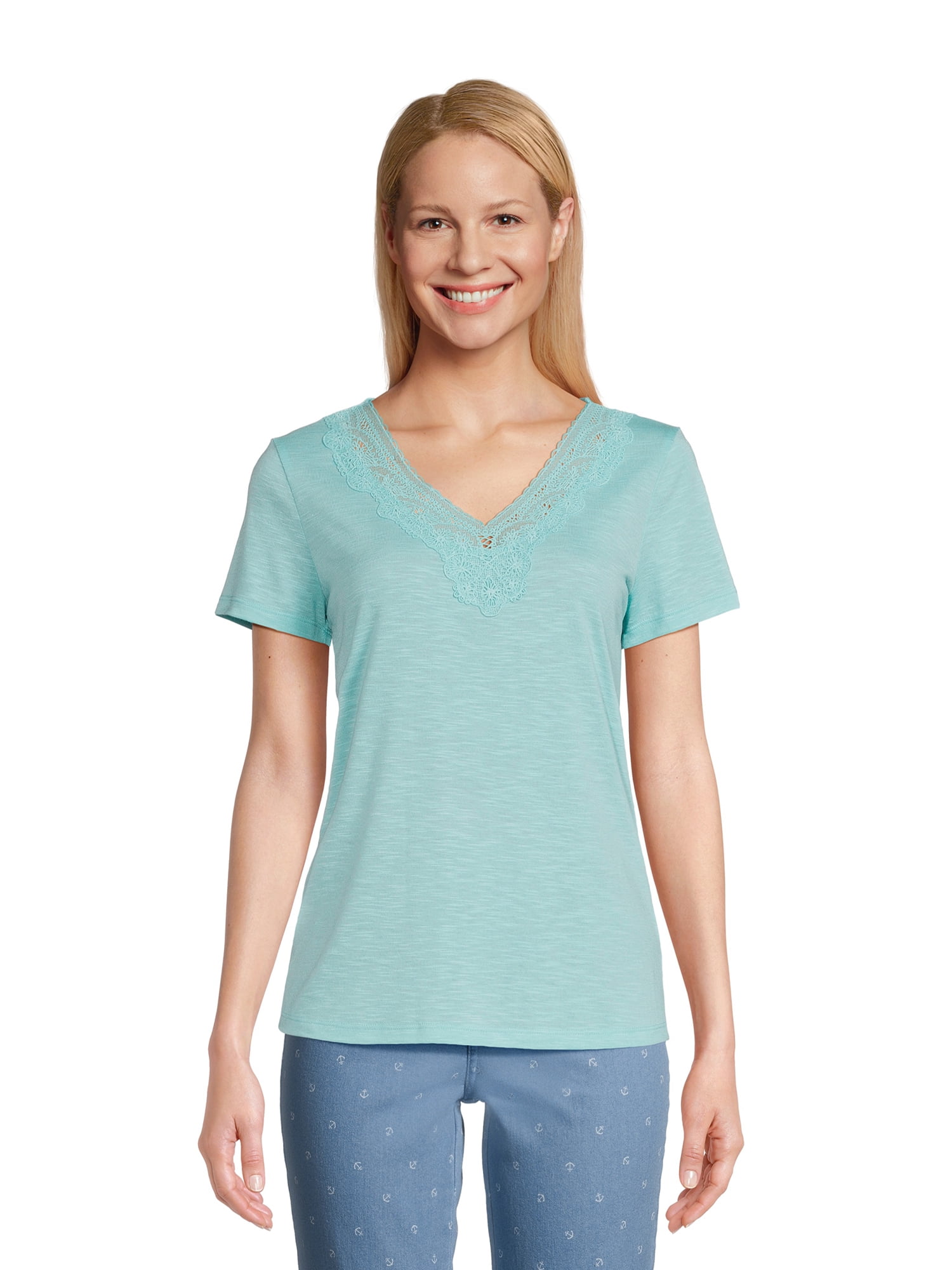 RealSize Women's Lace V-Neck Tee with Short Sleeves, Sizes XS-XXXL