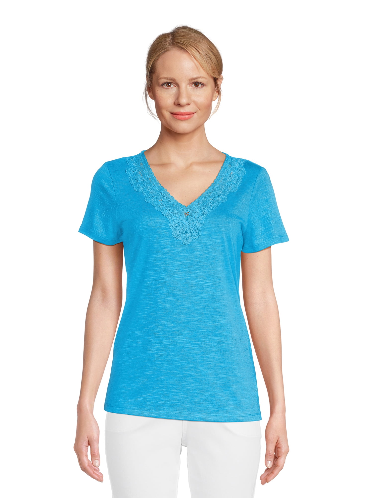 RealSize Women's Lace V-Neck Tee with Short Sleeves, Sizes XS-XXXL