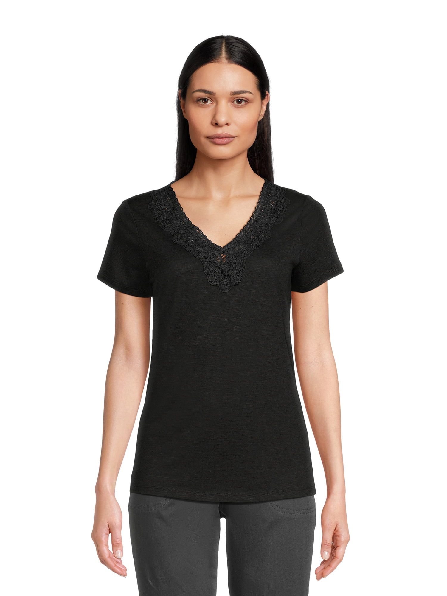 RealSize Women's Lace V-Neck Tee with Short Sleeves, Sizes XS-XXXL