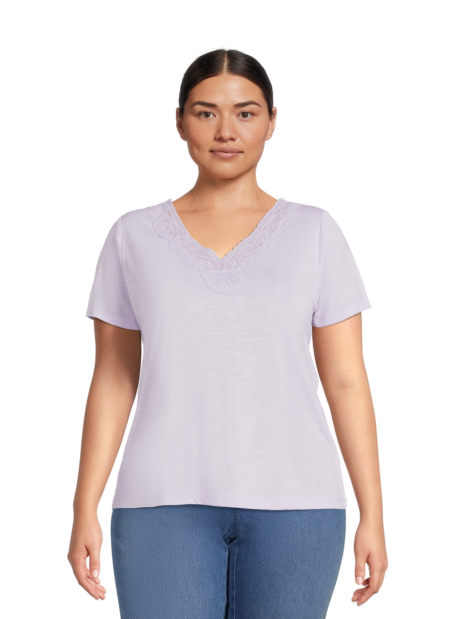 RealSize Women's Plus Lace V-Neck Tee with Short Sleeves