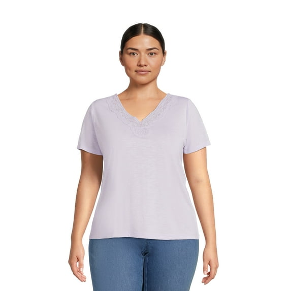 RealSize Women's Plus Lace V-Neck Tee with Short Sleeves