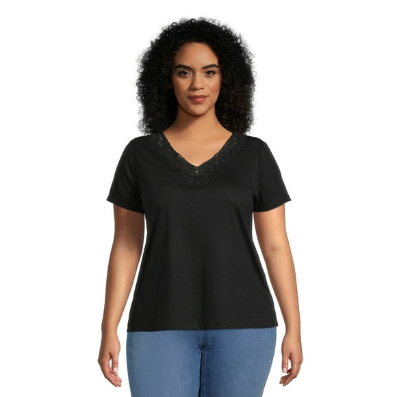 RealSize Women's Plus Lace V-Neck Tee with Short Sleeves