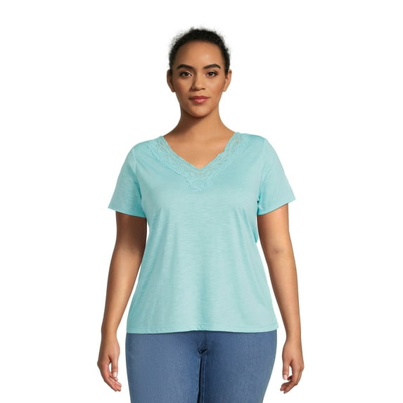 RealSize Women's Plus Lace V-Neck Tee with Short Sleeves