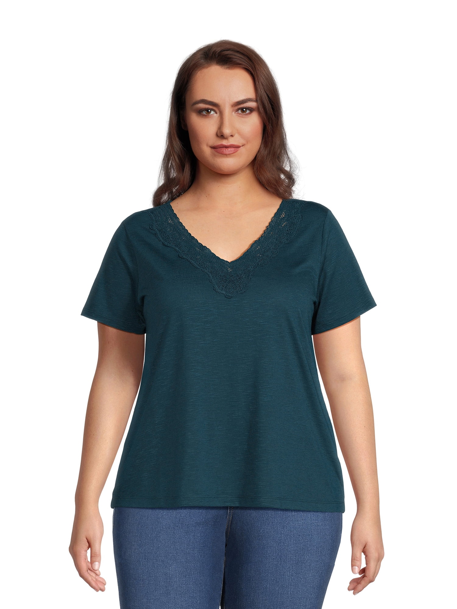 RealSize Women's Plus Size Lace V-Neck Tee with Short Sleeves 