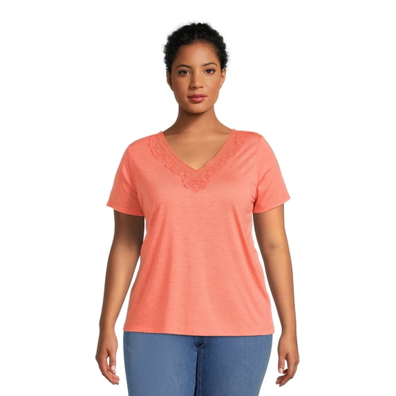 RealSize Women's Plus Lace V-Neck Tee with Short Sleeves