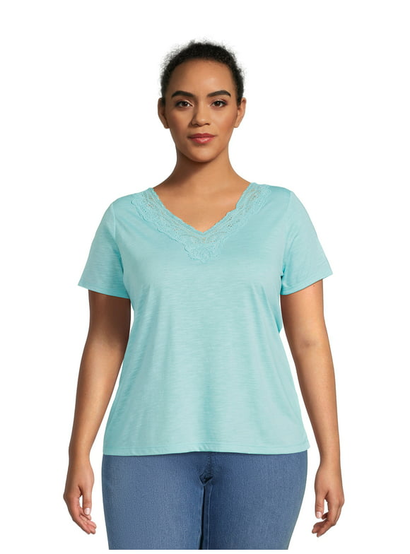 RealSize Women's Plus Size Lace V-Neck Tee with Short Sleeves