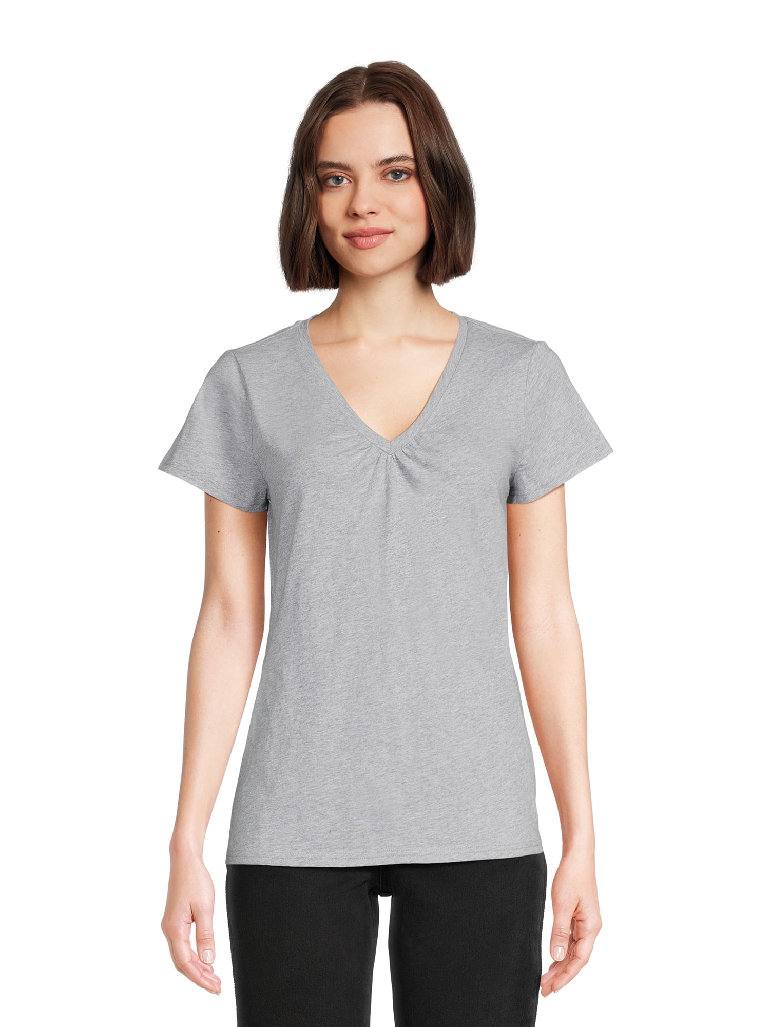 RealSize Women's Shirred V-Neck Tee with Short Sleeves, Sizes XS-3XL