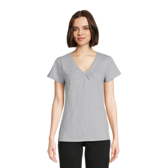 RealSize Women's Shirred V-Neck Tee with Short Sleeves, Sizes XS-3XL