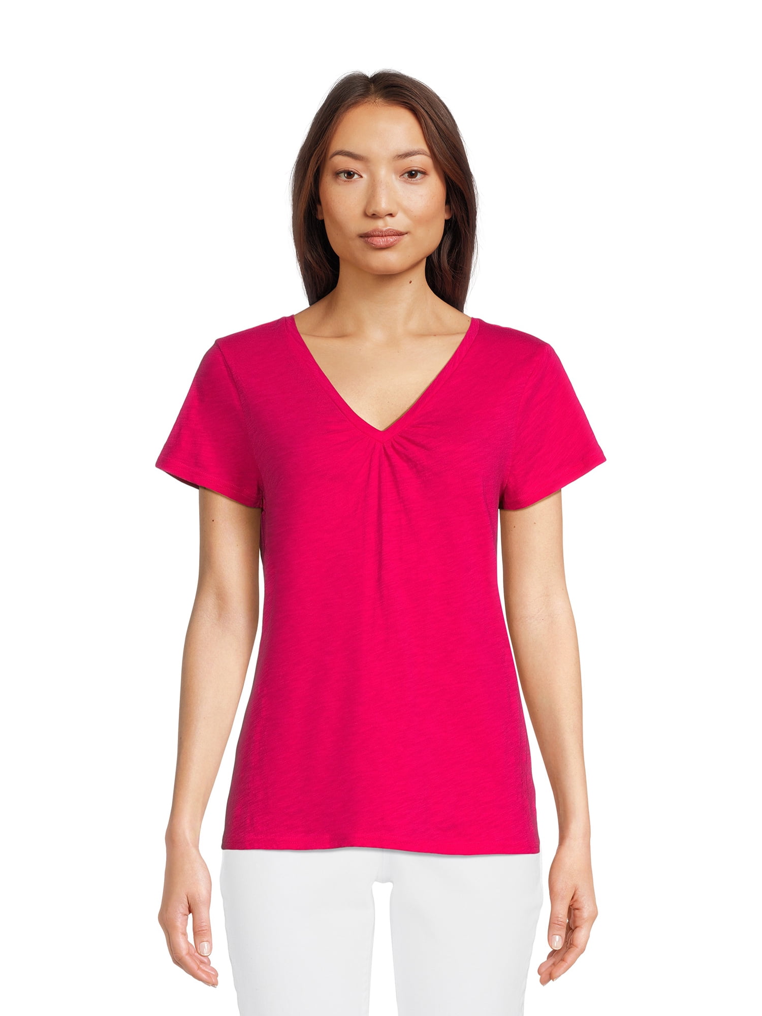 RealSize Women's Shirred V-Neck Tee with Short Sleeves, Sizes XS-3XL