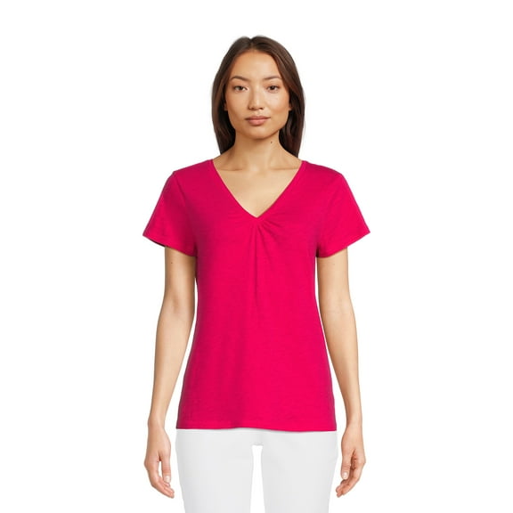 RealSize Women's Shirred V-Neck Tee with Short Sleeves, Sizes XS-3XL