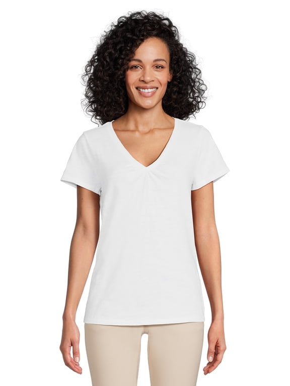 Women's Shirred V-Neck Tee with Short Sleeves, Sizes XS-3XL
