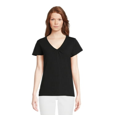 RealSize Women's Shirred V-Neck Tee with Short Sleeves, Sizes XS-3XL