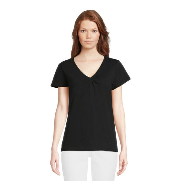 RealSize Women's Shirred V-Neck Tee with Short Sleeves, Sizes XS-3XL