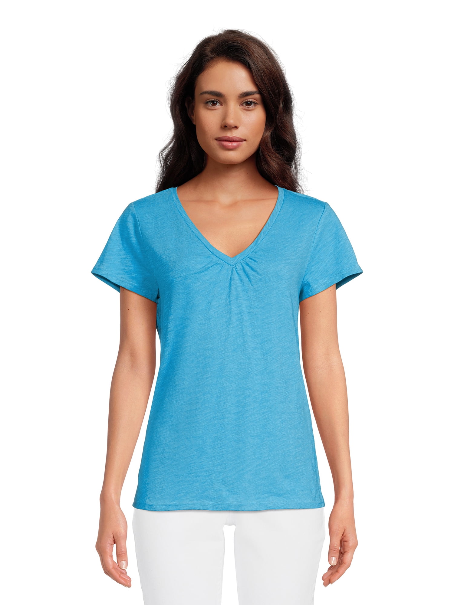 RealSize Women's Shirred V-Neck Tee with Short Sleeves, Sizes XS-3XL