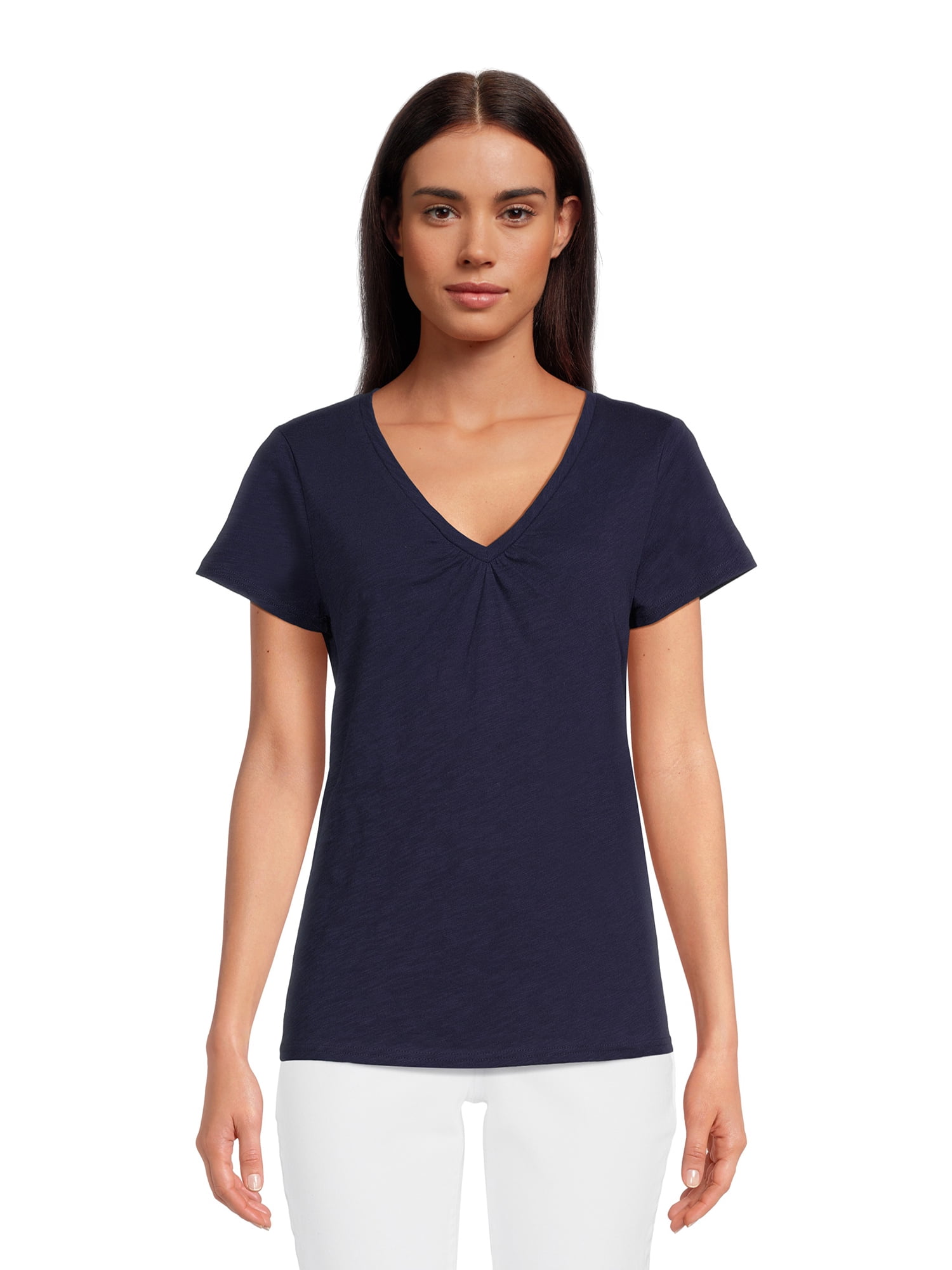 RealSize Women's Shirred V-Neck Tee with Short Sleeves, Sizes XS-3XL