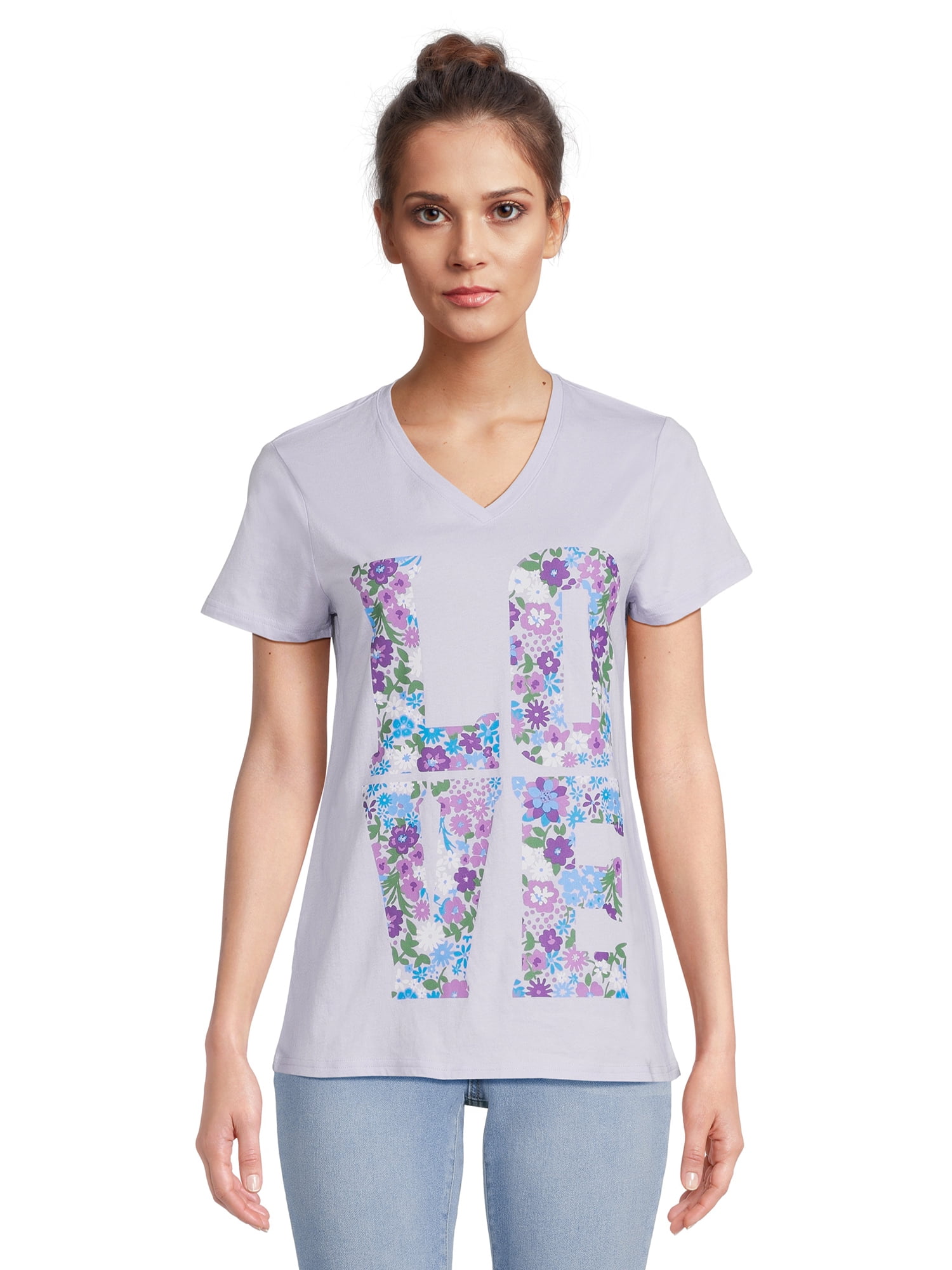 RealSize Women's V-Neck Graphic Tee with Short Sleeves, Sizes XS-3XL