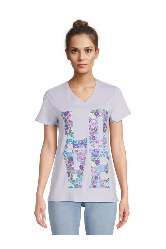 Women's V-Neck Graphic Tee with Short Sleeves, Sizes XS-3XL
