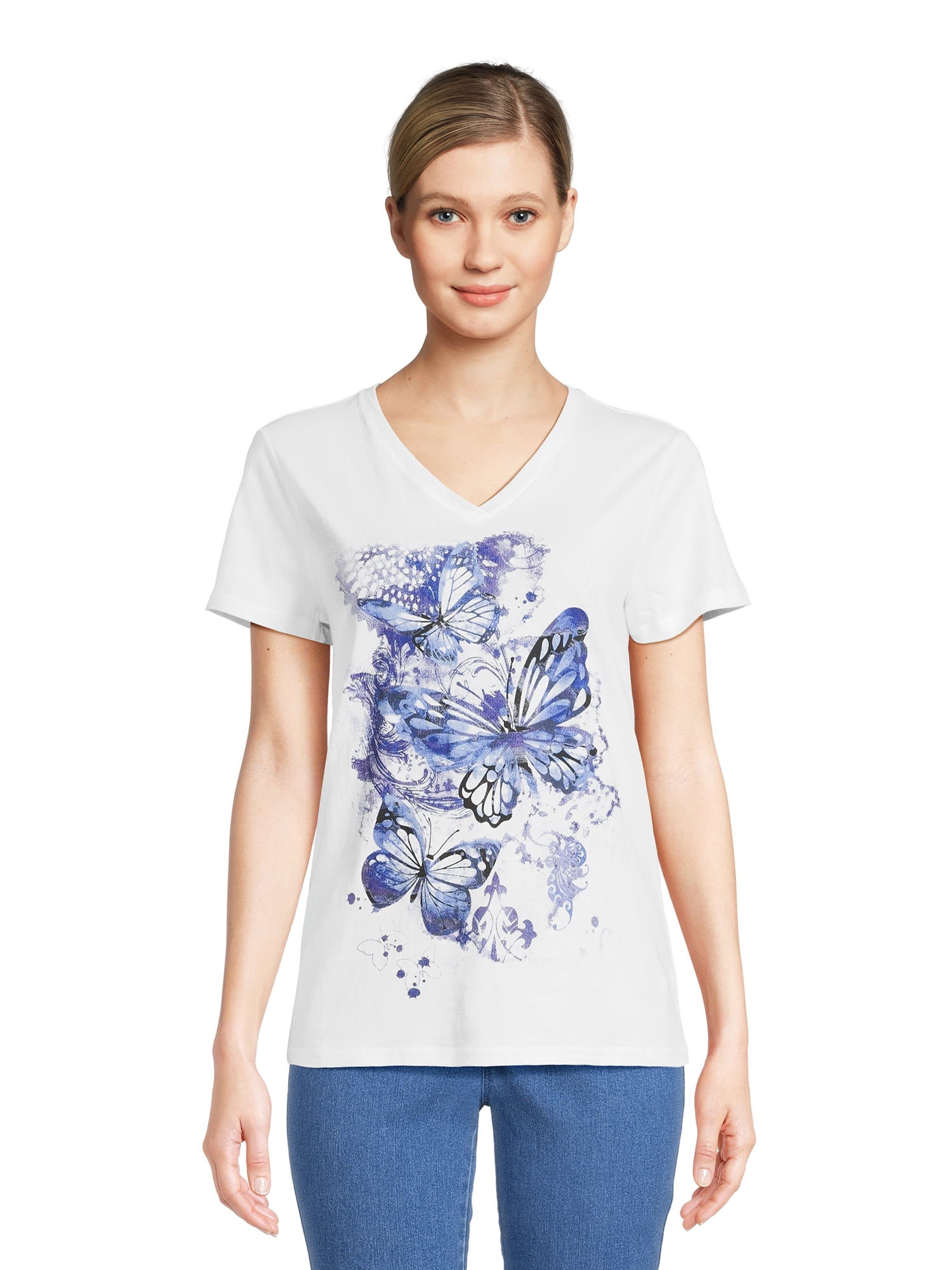 RealSize Women's V-Neck Graphic Tee with Short Sleeves, Sizes XS-3XL