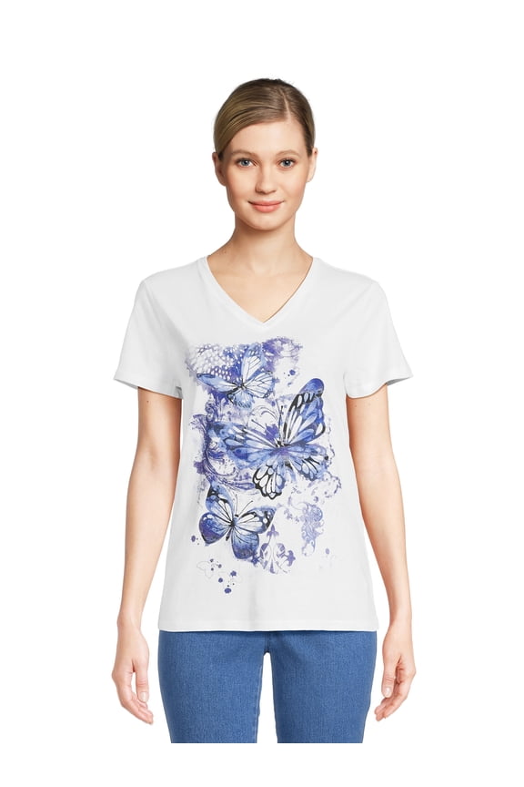 Women's V-Neck Graphic Tee with Short Sleeves, Sizes XS-3XL