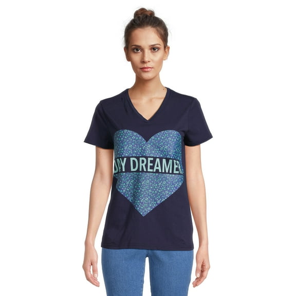 RealSize Women's V-Neck Graphic Tee with Short Sleeves, Sizes XS-3XL