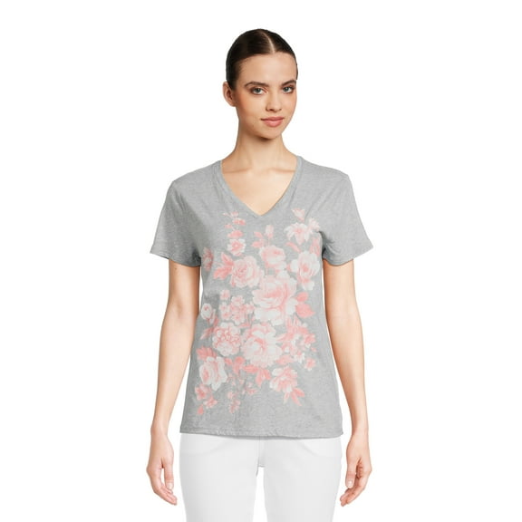 RealSize Women's V-Neck Graphic Tee with Short Sleeves, Sizes XS-3XL