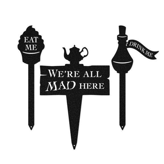 RealSteel: Alice in Wonderland - Set 4 Metal Garden Art – Featuring "Eat Me" Cupcake, "Drink Me" Bottle, and "We're All Mad Here" Sign – Whimsical Outdoor Décor for Fans of The Classic Tale (B)