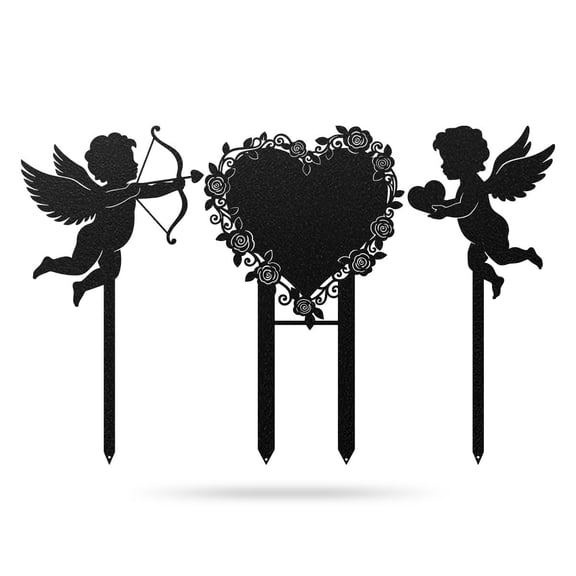 RealSteel Cupids Heart Monogram Stake – Set of 3 Metal Garden Stakes (Black)