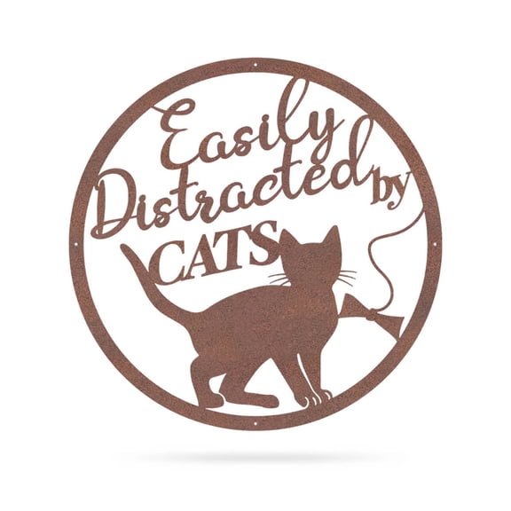 RealSteel: 'Easily Distracted by Cats' Wall Art – Fun Metal Décor for Cat Lovers (24"/RUST)