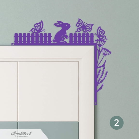 RealSteel Easter Door Corner Decor – Sitting Bunny & Butterfly Garden Metal Sign (Purple, 10"x12")