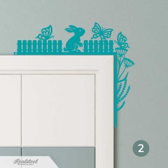 RealSteel Easter Door Corner Decor – Sitting Bunny & Butterfly Garden Metal Sign (Turquoise, 10"x12")