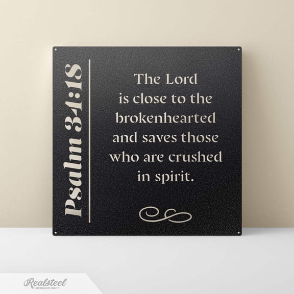 RealSteel Faith Quotes Psalms Metal Wall Art – Inspirational Scripture Decor – Psalm 34:18 (18", Black)