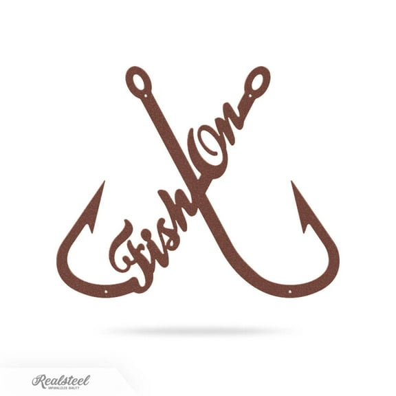 RealSteel "Fish On" Fisher Wall Art - Metal Fishing Hook Decor for Fishermen (RUST-18)
