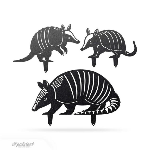 RealSteel Garden Art – Armadillo Family 3 Pack – Rustic Metal Yard Stakes for Wildlife & Nature Lovers (Black)