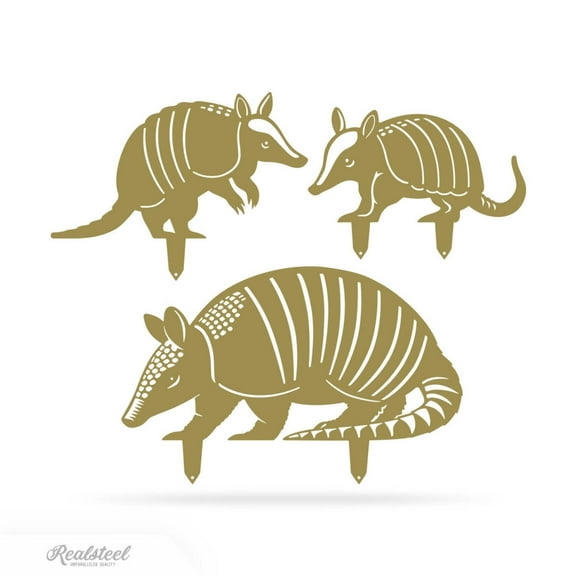 RealSteel Garden Art – Armadillo Family 3 Pack – Rustic Metal Yard Stakes for Wildlife & Nature Lovers (Gold)