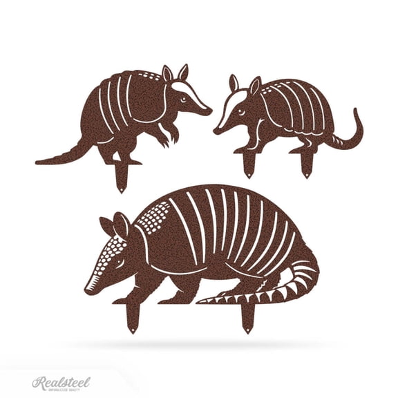 RealSteel Garden Art – Armadillo Family 3 Pack – Rustic Metal Yard Stakes for Wildlife & Nature Lovers (Penny Vein)