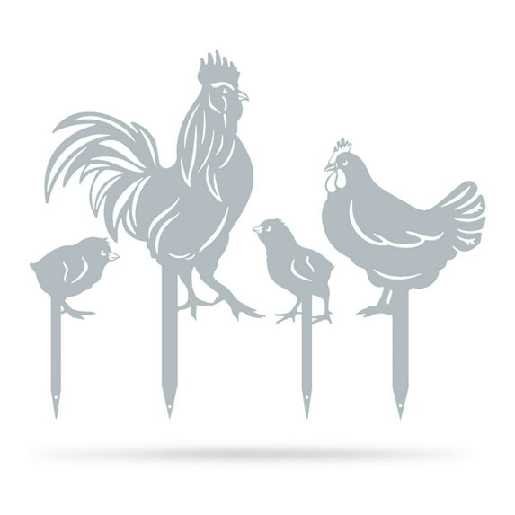 RealSteel Garden Art - Chickens 4 Pack, Life-Size Farmyard Yard Decorations (Textured Silver)