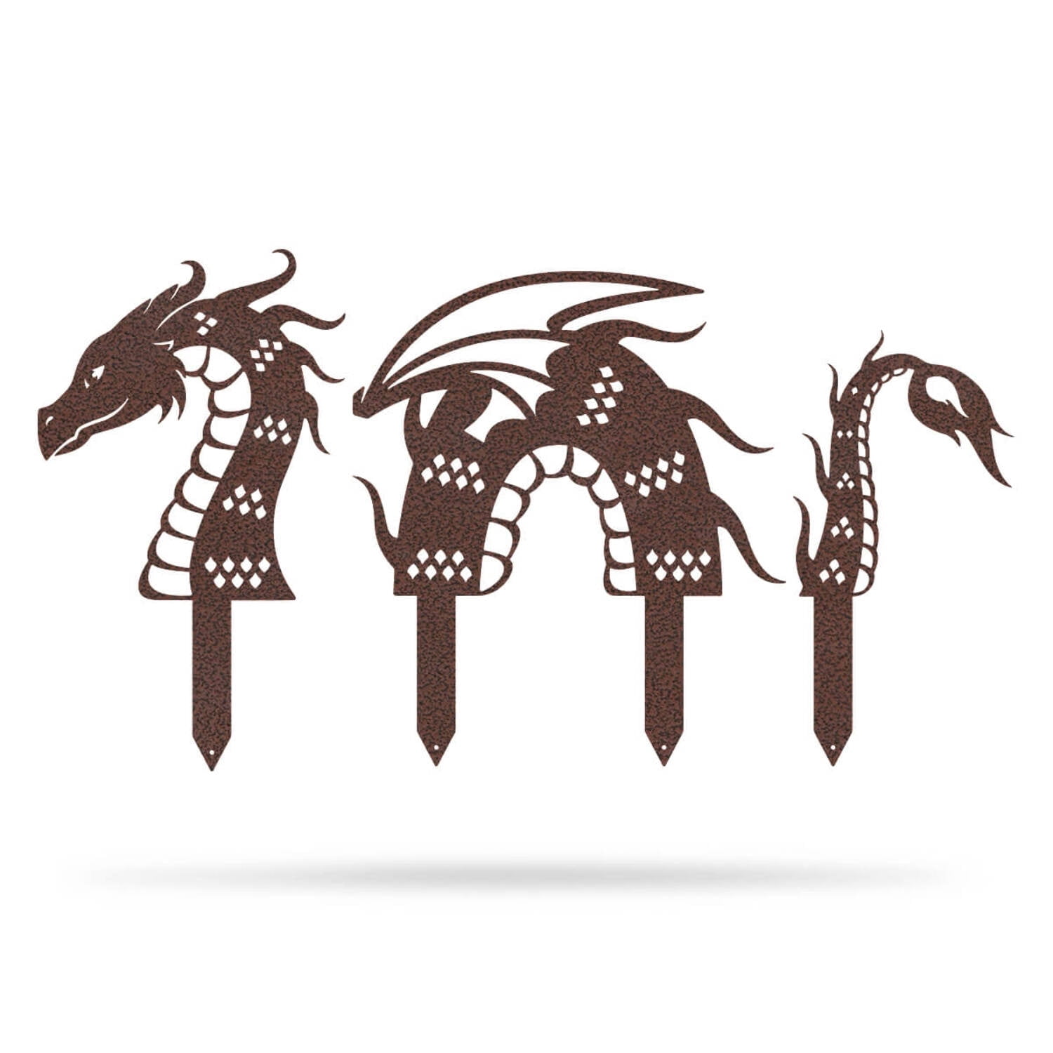 RealSteel Garden Art - Dragon Yard Decoration, 3-Piece Set with Built-In Stakes (8"x18"/ Penny Vein)