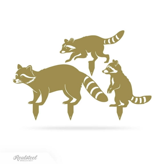 RealSteel Garden Art – Raccoon Family 3 Pack – Playful Metal Yard Stakes for Outdoor & Wildlife Lovers (Gold)