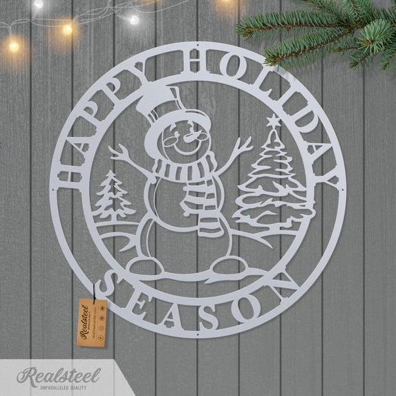 RealSteel: Happy Holiday Season Snowman - Festive Metal Christmas Décor for Indoor/Outdoor Use (14"/ Textured Silver)