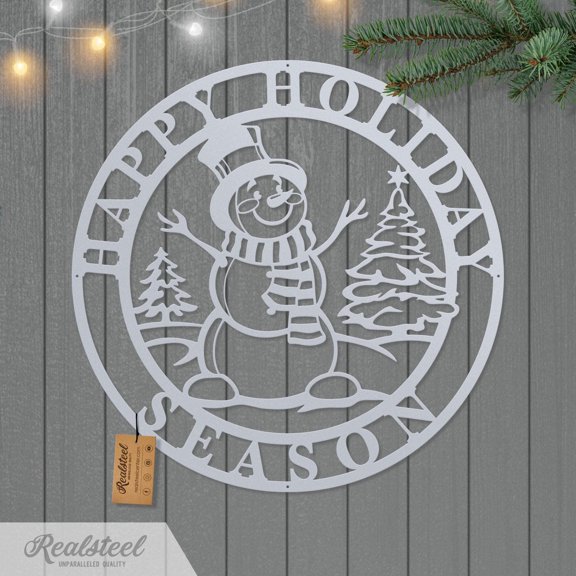 RealSteel: Happy Holiday Season Snowman - Festive Metal Christmas Décor for Indoor/Outdoor Use (18"/ Textured Silver)