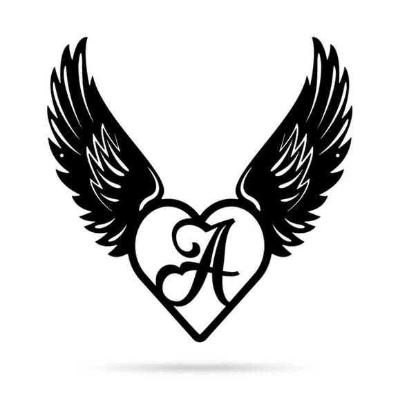 RealSteel Heart with Angel Wings Monogram – Metal Wall Art with Custom Initial (A-18)