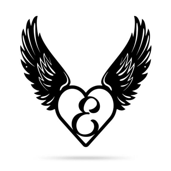 RealSteel Heart with Angel Wings Monogram – Metal Wall Art with Custom Initial (E-14)