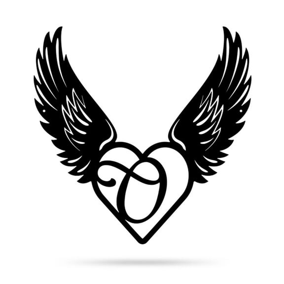 RealSteel Heart with Angel Wings Monogram – Metal Wall Art with Custom Initial (O-14)