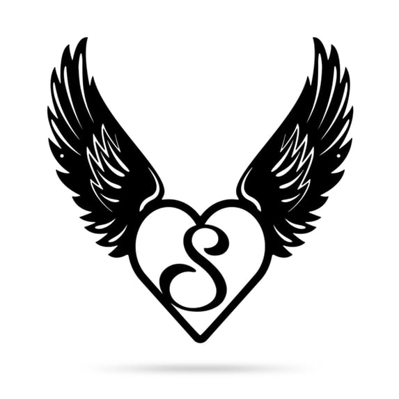 RealSteel Heart with Angel Wings Monogram – Metal Wall Art with Custom Initial (S-14)