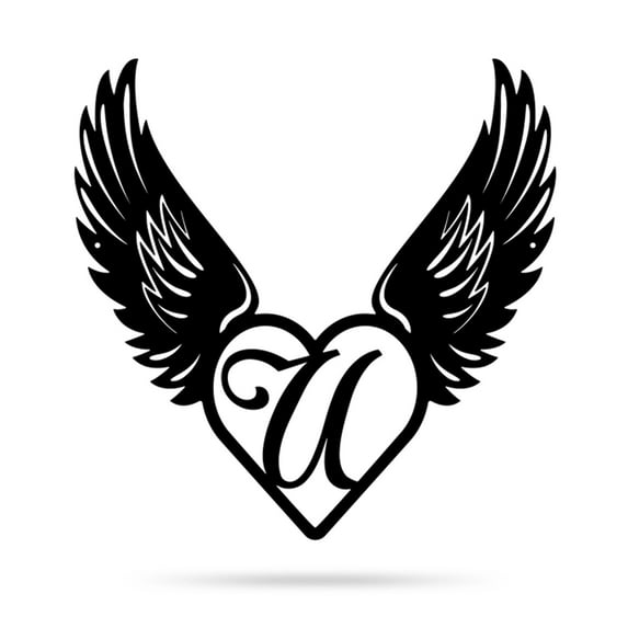RealSteel Heart with Angel Wings Monogram – Metal Wall Art with Custom Initial (U-18)