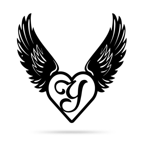 RealSteel Heart with Angel Wings Monogram – Metal Wall Art with Custom Initial (Y-14)