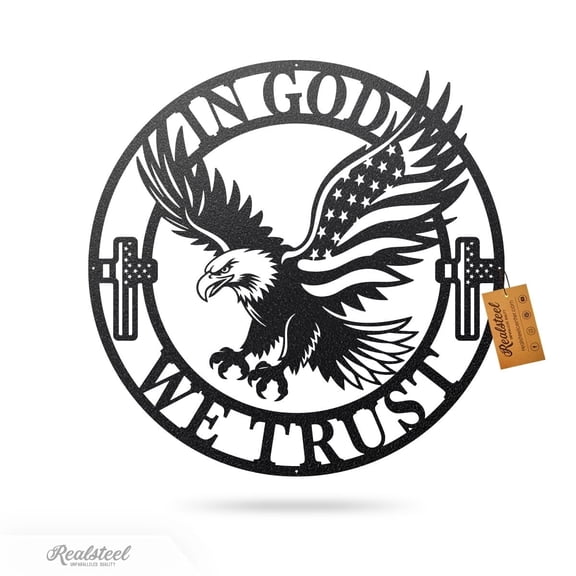 RealSteel In God We Trust American Flag Eagle Metal Sign – Patriotic Wall Art (24", Black)